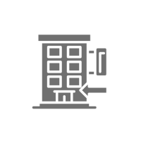 Office building graphic with arrow