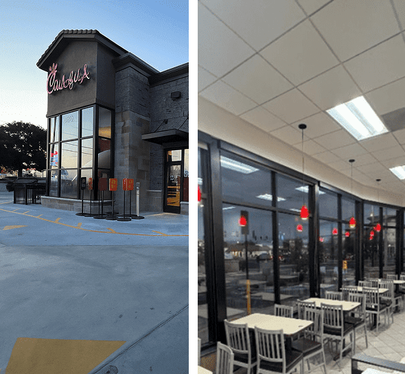 Modern coffee shop exterior and cozy indoor seating area with tables and chairs.