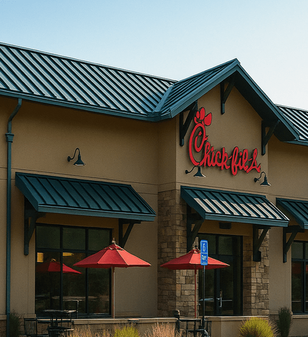 Chick-fil-A restaurant exterior with red umbrellas.