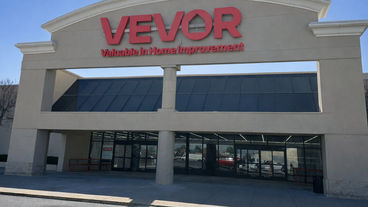 Storefront with Vevor home improvement sign.