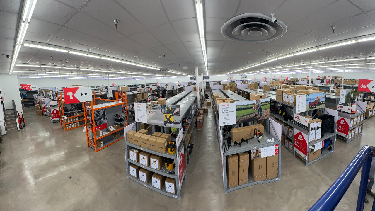 Warehouse interior with shelves of products.