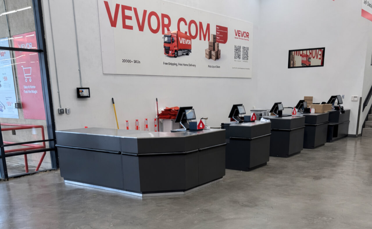 Customer service desks at Vevor warehouse.