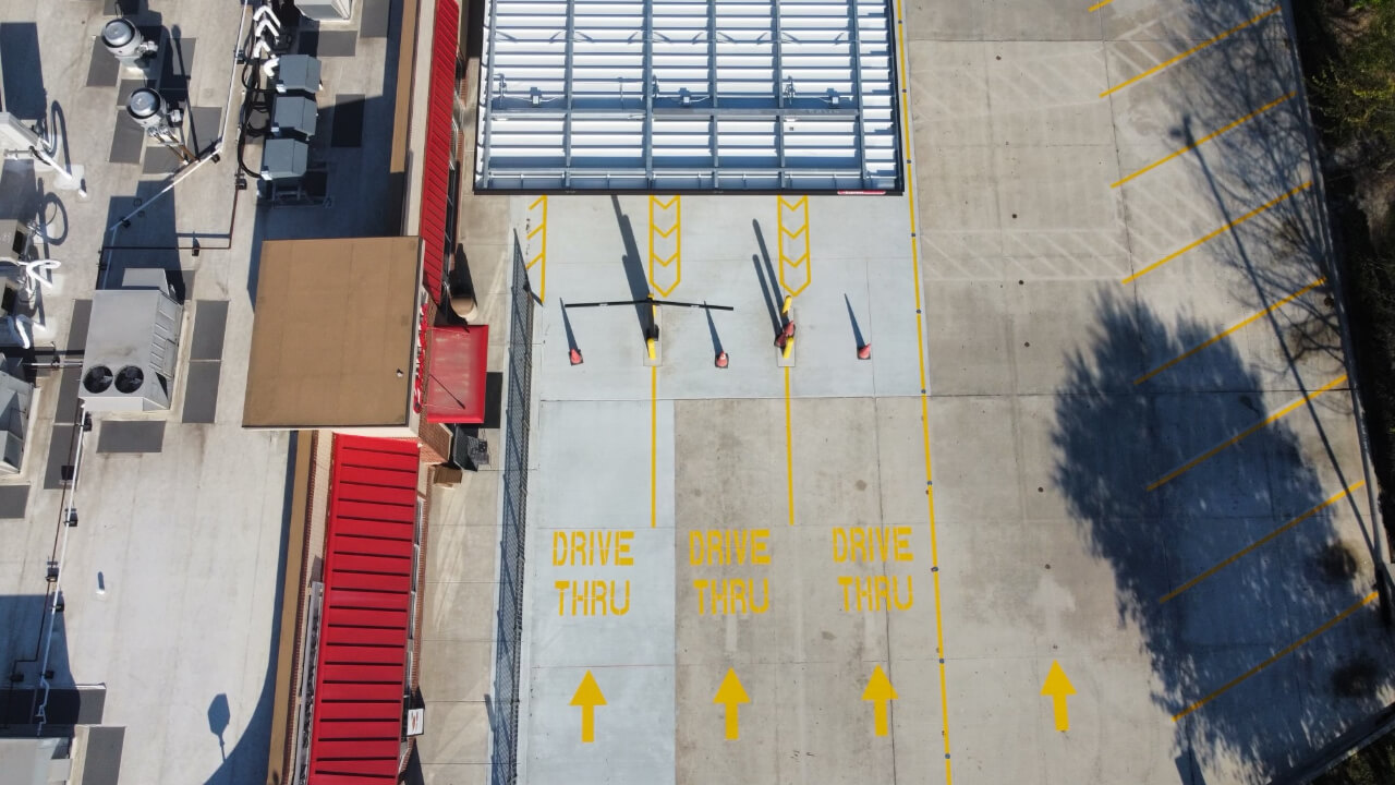 Aerial view of empty drive-thru lanes.