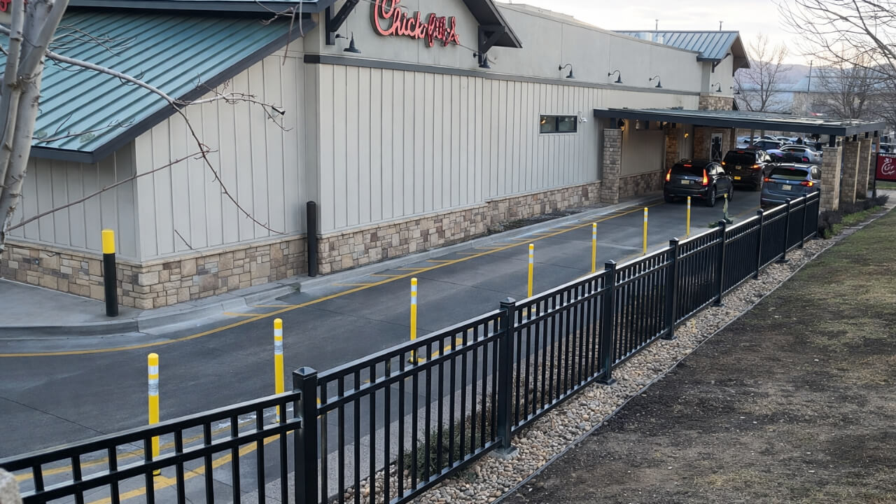 Restaurant drive-thru with cars in line.